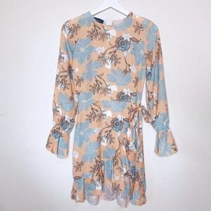 PARISIAN Faux Wrap Skirt Long Sleeve Ruffle Trim Orange and Blue Floral Dress 2